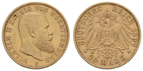 Kaiserreich Goldmünzen Württemberg Wilhelm II., 1891-1918 20 M 1897 F  Jaeger 296 ss-vz