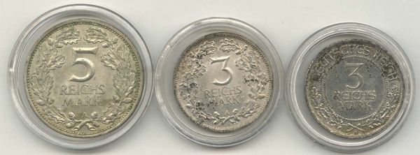 Weimarer Republik  Kleines Lot: 5 Reichsmark 1925 A Rheinlande, 3 RM 1926 Lübeck, 3 RM 1925 A Rheinlande