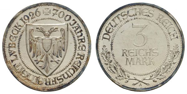 Weimarer Republik  3 RM 1926 A Lübeck, Kratzer auf dem Revers, Patina  Jaeger 323 PP-