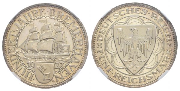 Weimarer Republik  5 RM 1927 A fein getöntes Kabinettexemplar im NGC-Slab PF 65  Jaeger 326 Anm. von großer Seltenheit PP / Proof, NGC PF65 CAMEO