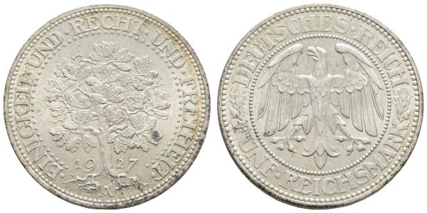 Weimarer Republik  5 RM 1927 A Eichbaum, fleckig, kl. Bagmarks  Jaeger 331 vz-st