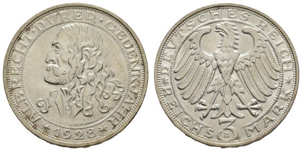 Weimarer Republik  3 RM 1928 D Dürer mit feiner Patina im Originalpappdöschen  Jaeger 332 vz-st