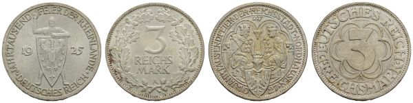 Weimarer Republik  3 RM (2) 1925 ff. A Nordhausen, dazu 3 RM Rheinlande 1925 A, beide um vz  Jaeger 321, 327