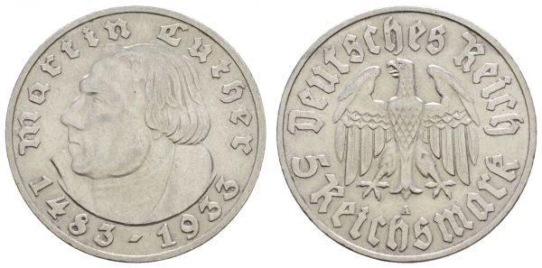 III. Reich  5 RM 1933 A Luther, kl. Kratzer  Jaeger 353 vz