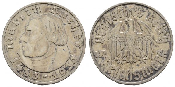 III. Reich  5 RM 1933 D Luther  Jaeger 353 ss-vz