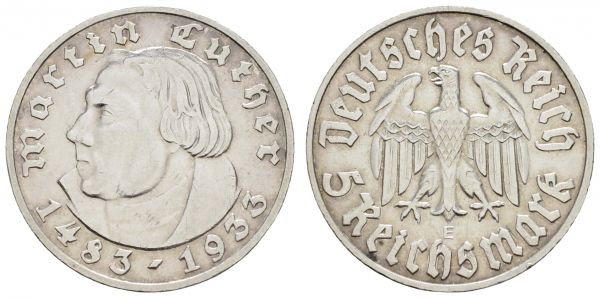 III. Reich  5 RM 1933 E Luther  Jaeger 353 ss-vz