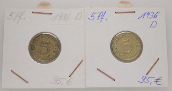 III. Reich  5 Reichspfennig 1936 D 2 Exemplare dieses seltenen Jahrganges  Jaeger 363 (2x) ss