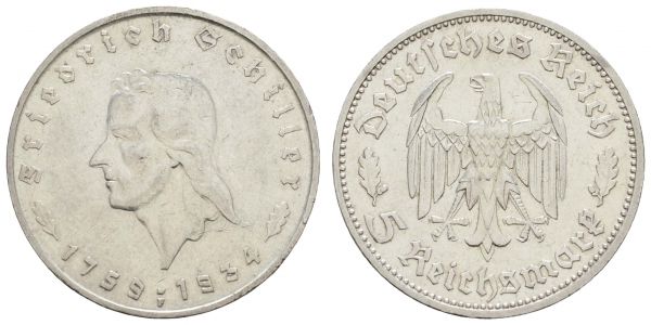 III. Reich  5 RM 1934 F Schiller, dazu 2x 2 RM Schiller  Jaeger 359, 358 (2x) vz, ss