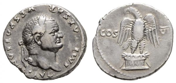 Römer Kaiserzeit Vespasianus, 69-79 AR Denar 76 Rom Av.: IMP CAESAR VESPASIANVS AVG, belorbeerter Kopf, Rv.: Adler, im Feld COS VI[I]  RIC 847 3.32 g. gutes ss