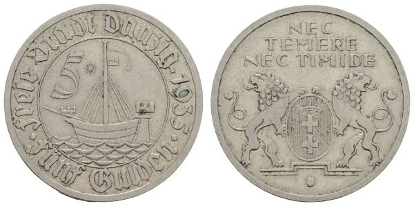 Nebengebiete Danzig  5 Gulden 1935 Berlin  Jaeger D 19 ss-vz