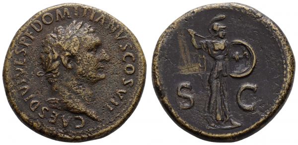 Römer Kaiserzeit Titus 79-81 Æ Sesterz 80/81 Rom für Domitianus, Av.: belorbeertes Haupt nach rechts, Rv.: Minerva schreitet mit Speer und Schild nach rechts  RIC 294 C 439 BMC 231 27.48 g. ss+