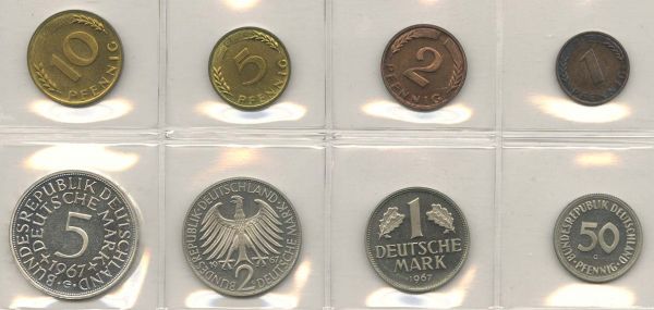 Bundesrepublik (DM)  KMS 1967 G Kursmünzensatz originalverschweisst, mit dem 2 Pfennig magnetisch (Jaeger 381a), mit Expertise Franquinet von 2014, Auflage nur 520 Sätze  selten Polierte Platte / Proof