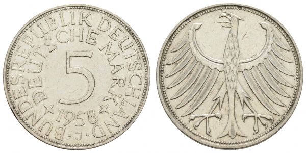 Bundesrepublik (DM)  5 DM Kursmünze 1958 J  Jaeger 387 ss