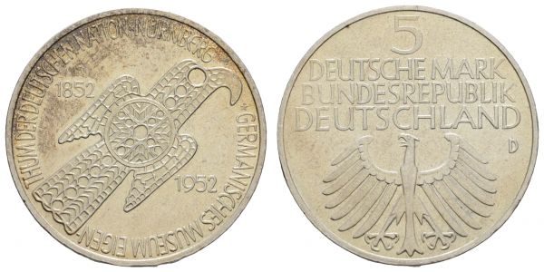 Bundesrepublik (DM)  5 DM Gedenkmünze 1952 D Germanisches Museum, kl. Kratzer  Jaeger 388 vz-st