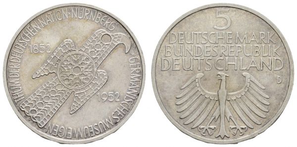 Bundesrepublik (DM)  5 DM Gedenkmünze 1952 D Germanisches Museum, Kratzer im Avers  Jaeger 388 vz