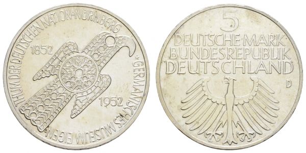 Bundesrepublik (DM)  5 DM Gedenkmünze 1952 D Germanisches Museum  Jaeger 388 vz