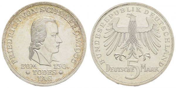 Bundesrepublik (DM)  5 DM Gedenkmünze 1955 F Schiller, kl. Kratzer  Jaeger 389 vz-st