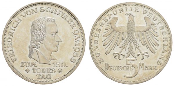 Bundesrepublik (DM)  5 DM Gedenkmünze 1955 F dazu 5 DM Fichte, 2 und 5 RM Hindenburg sowie 2x 100 Pesetas  Jaeger 389 etc. vz+