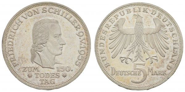 Bundesrepublik (DM)  5 DM Gedenkmünze 1955 F Schiller, kl. Kratzer  Jaeger 389 vz