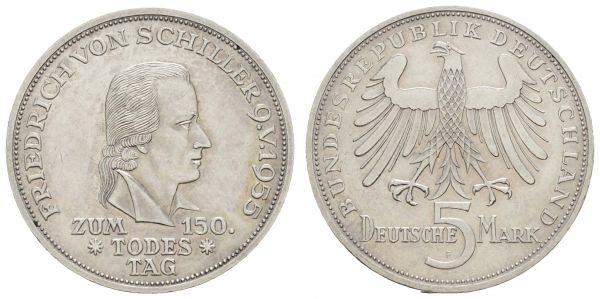 Bundesrepublik (DM)  5 DM Gedenkmünze 1955 F Schiller, Kratzer  Jaeger 389 vz-