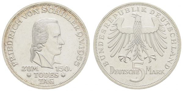 Bundesrepublik (DM)  5 DM Gedenkmünze 1955 F Schiller, berieben  Jaeger 389 vz