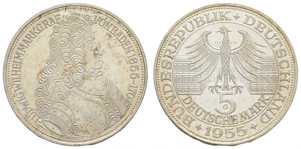 Bundesrepublik (DM)  5 DM Gedenkmünze 1955 G Markgraf von Baden, Kratzer  Jaeger 390 vz