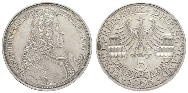 Bundesrepublik (DM)  5 DM Gedenkmünze 1955 G Markgraf von Baden, kl. Rf.  Jaeger 390 vz