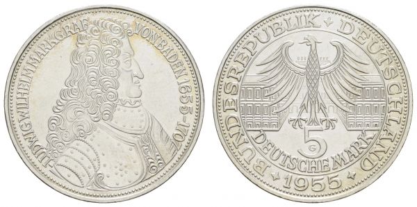 Bundesrepublik (DM)  5 DM Gedenkmünze 1955 G Markgraf von Baden  Jaeger 390 vz