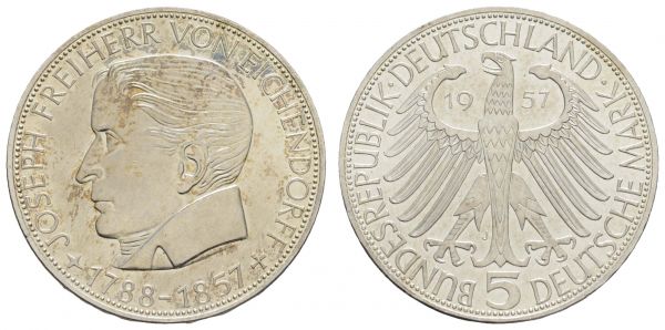 Bundesrepublik (DM)  5 DM Gedenkmünze 1957 J Eichendorff, kl. Kratzer  Jaeger 391 vz-st