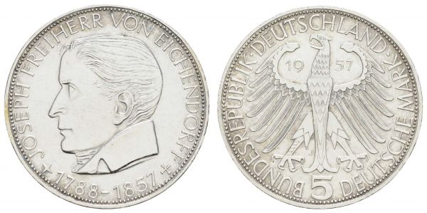 Bundesrepublik (DM)  5 DM Gedenkmünze 1957 J Eichendorff  Jaeger 391 vz-st