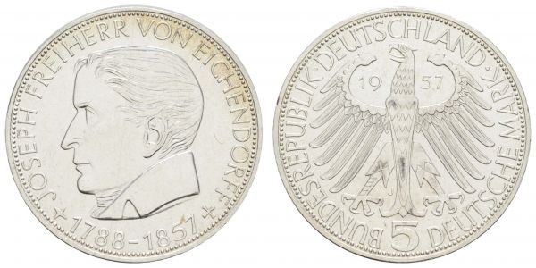 Bundesrepublik (DM)  5 DM Gedenkmünze 1957 J Eichendorff  Jaeger 391 vz