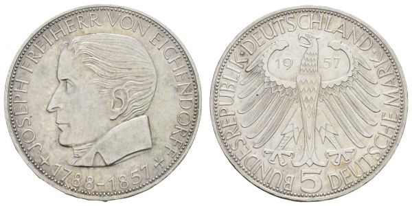 Bundesrepublik (DM)  5 DM Gedenkmünze 1957 J Eichendorff  Jaeger 391 vz+