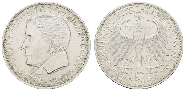 Bundesrepublik (DM)  5 DM Gedenkmünze 1957 J Eichendorff  Jaeger 391 vz+