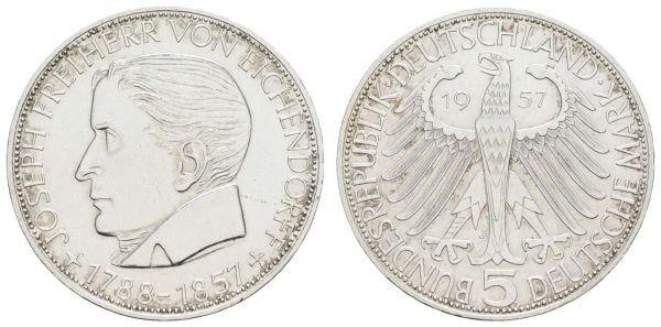 Bundesrepublik (DM)  5 DM Gedenkmünze 1957 J Eichendorff  Jaeger 391 vz-st