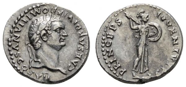 Römer Kaiserzeit Domitianus 81-96 AR Denar 80-81 Rom geprägt unter Titus, Av.: CAESAR DIVI F DOMITIANVS COS VII belorbeerter Kopf nach rechts, Rv.: PRINCEPS IVVENTVTIS, Minerva mit Schild und Speer  RIC 268 2.99 g. vz