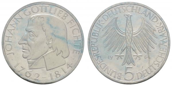 Bundesrepublik (DM)  5 DM Gedenkmünze 1964 J Fichte, verschweißt, beschlagen  Jaeger 393 PP