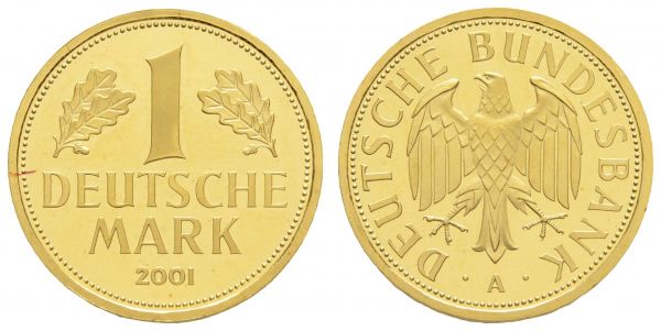 Bundesrepublik (DM)  Goldmark 2001 A in Originalkapsel, kleiner Patinastrich auf der Aversseite  Jaeger 481 st