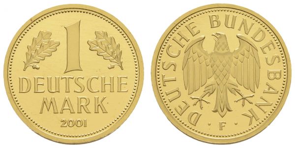 Bundesrepublik (DM)  Goldmark 2001 F im Etui mit der Kursmünze, roter Fleck  Jaeger 481 st