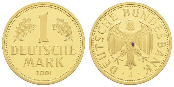 Bundesrepublik (DM)  Goldmark 2001 J in der Originalkapsel (Klebereste), roter Fleck  Jaeger 481 st