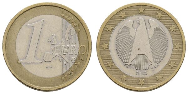 Bundesrepublik (Euro)  1 € 2002 F "drehende" = radial ausgerichtete Sterne, diese Prägung wurde offiziell vernichtet, wenige Exemplare gelangten aber trotzdem in den Umlauf und sind äußerst gesuchte Sammlerstücke  Jaeger 488 Anmerkung 7.42 g. selten ss