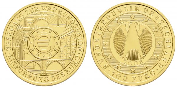 Bundesrepublik (Euro)  100 € 2002 D Währungsunion mit CoA und Originaletui  Jaeger 493 st