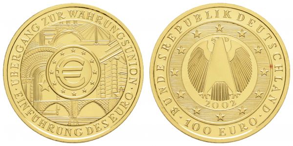 Bundesrepublik (Euro)  100 € 2002 D Währungsunion mit CoA in Originaletui  Jaeger 493 st