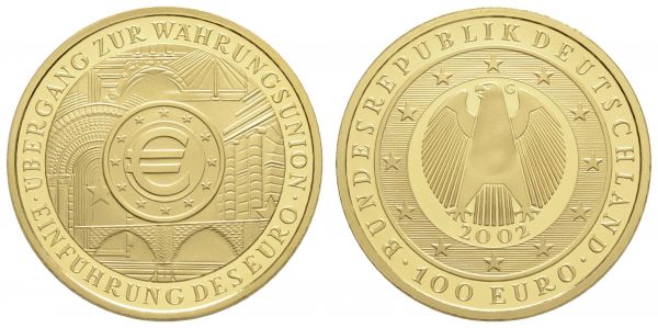 Bundesrepublik (Euro)  100 € 2002 G Währungsunion mit CoA und Originaletui  Jaeger 493 st