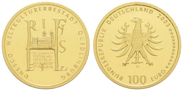 Bundesrepublik (Euro)  100 € 2003 D Quedlinburg, im Originaletui mit Zertifikat, roter Fleck  Jaeger 502 st