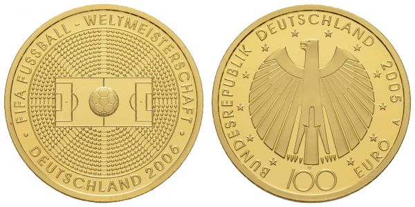 Bundesrepublik (Euro)  100 € 2005 A Fußball-WM 2006, im Originaletui mit Zertifikat  Jaeger 516