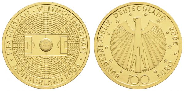 Bundesrepublik (Euro)  100 € 2005 D Fussball-WM, im Originaletui mit Zertifikat, im Grossetui mit der Silbermedaille  Jaeger 516 st