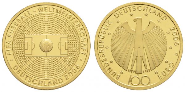 Bundesrepublik (Euro)  100 € 2005 D Fußball-WM mit CoA und Originaletui  Jaeger 516 st