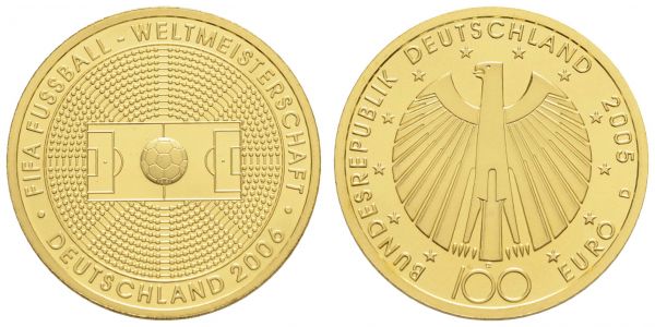 Bundesrepublik (Euro)  100 € 2005 D Fussball-WM, mattiert, im Originaletui mit Zertifikat  Jaeger 516 st