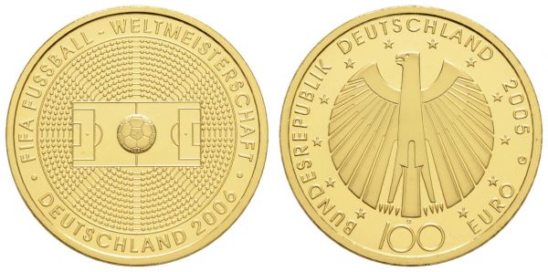 Bundesrepublik (Euro)  100 € 2005 G Fußball-WM, mit CoA und Originaletui  Jaeger 516 st