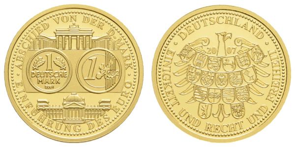 Bundesrepublik (Euro)  10 € (5) 2007 5x 10 € in der Sammelmappe mit dazu gehöriger 999er Gold-Medaille á 3.5 g  Jaeger 525 ff.